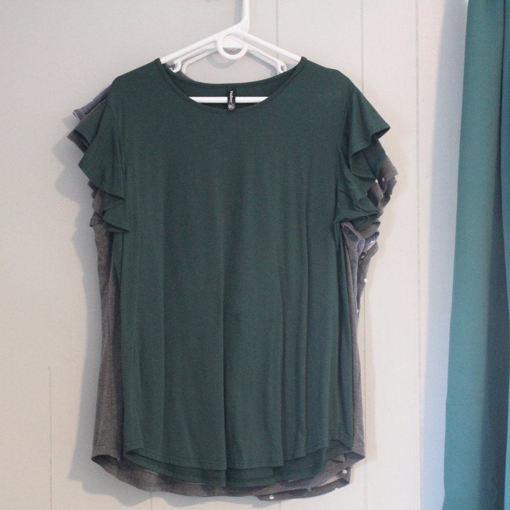 Ruffle sleeve, tunic blouse top, Dark Green